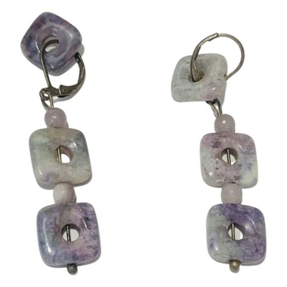 Vintage Purple Gray Stone Square Bead Drop Dangle Lever Pierced Earrings - Picture 1 of 9